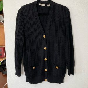 Celine Paris Vintage Black Wool Knit Gold Button Detail Sweater Cardigan